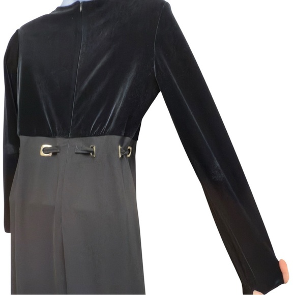 Vintage Velvet Floral Belted Whimsigoth Black Witchy Long Sleeve Crew Neck Dress - Picture 13 of 16